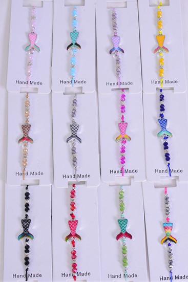 Bracelet Mermaid Tails Enamel / 12 pcs = Dozen match 00073  Multi , Pull-String , Adjustable , 12 Pattern Mix , Individual Hang tag & OPP Bag & UPC Code