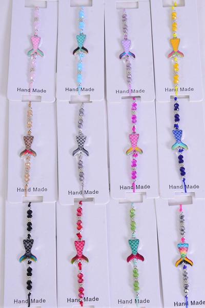 Bracelet Mermaid Tails Enamel / 12 pcs = Dozen match 00073  Multi , Pull-String , Adjustable , 12 Pattern Mix , Individual Hang tag & OPP Bag & UPC Code