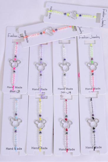 Bracelet Mouse Ear Glass Crystal Multi / 12 pcs = Dozen Pull-String , Adjustable , 12 Color Asst , Individual Hang tag & OPP Bag & UPC Code
