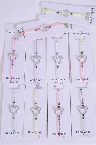 Bracelet Mouse Ear Glass Crystal Multi / 12 pcs = Dozen Pull-String , Adjustable , 12 Color Asst , Individual Hang tag & OPP Bag & UPC Code