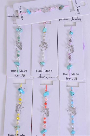 Bracelet Unicorn Silver Filigree Stainless Steel Seashell Semiprecious Stone Mix Pastel / 12 pcs = Dozen  Pull-String , Adjustable , 2 White , 2 Pink , 2 Purple , 2 Blue , 2 Yellow , 1 Mint Green , 1 Orange Mix , Individual Hang tag & OPP Bag & UPC Code