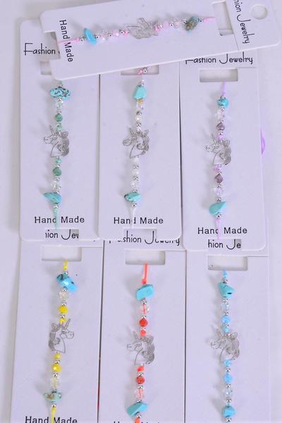 Bracelet Unicorn Silver Filigree Stainless Steel Seashell Semiprecious Stone Mix Pastel / 12 pcs = Dozen  Pull-String , Adjustable , 2 White , 2 Pink , 2 Purple , 2 Blue , 2 Yellow , 1 Mint Green , 1 Orange Mix , Individual Hang tag & OPP Bag & UPC Code