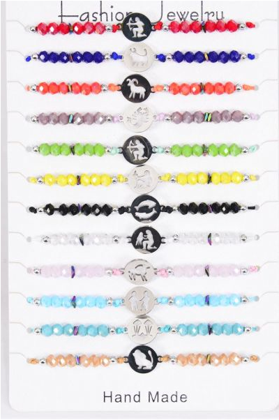 Bracelet Stainless Steel Greek Myth Zodiac Sign Glass Crystal Multi / 12 pcs = Dozen Pull-String , Adjustable 12 Month Asst , Hang tag & OPP Bag & UPC Code , 1 Dozen per Card