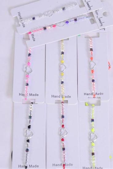 Bracelet Open Heart Asst Glass Crystal Multi/DZ Pull-String,Adjustable,12 Pattern Mix,Individual Hang tag & OPP Bag & UPC Code