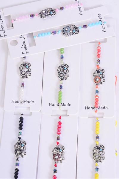 Bracelet Cute Elephant Indian Beads Multi / 12 pcs = Dozen Pull-String , Adjustable , 12 Color Mix , Individual Hang tag & OPP Bag & UPC Code