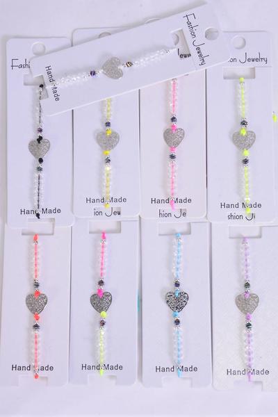 Bracelet Silver Filigree Heart Silver Plated Stainless Steel Glass Crystal Mix Neon/DZ **Pull-String** Adjustable,Neon Color Asst,Individual Hang Tag & OPP Bag & UPC Code