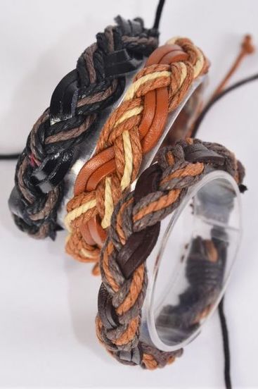 Bracelet Real Leather Band Woven Fish Tail Adjustable/DZ **Unisex** Adjustable,4 of each Pattern Mix,Hang tag & OPP Bag & UPC Code