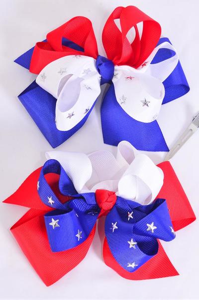 Hair Bow Jumbo Double Layered Silver Star Studded Grosgrain Bow-tie / 12 pcs Bow = Dozen Alligator Clip , Bow - 6" x 5" Wide , 4 Of Each Pattern Asst , Clip Strip & UPC Code