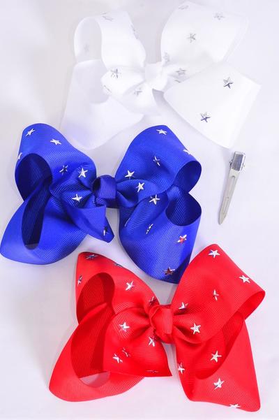 Hair Bow Jumbo 4th of July Patriotic Silver Star Studded Red White  Royal Blue Mix Grosgrain Bow-tie/DZ Alligator Clip, Size-6"x 5" Wide, 4 Red, 4 White, 4 Royal Blue Color Asst, Clip Strip & UPC Code