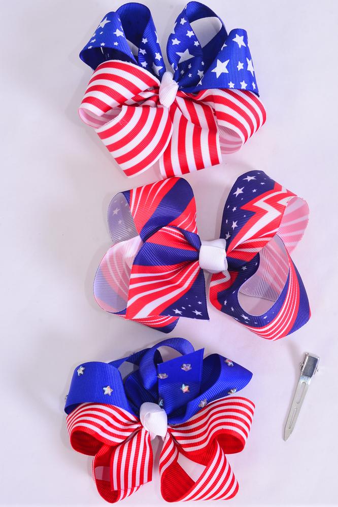 Hair Bow Jumbo 4th of July Patriotic Stars & Stripes Mix Grosgrain