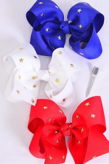 Hair Bow Jumbo 4th of July Patriotic Gold Star Studded Red White  Royal Blue Mix Grosgrain Bow-tie/DZ **Red White Royal Blue Mix** Alligator Clip,Size-6"x 5" Wide,4 of each Color Asst,Clip Strip & UPC Code
