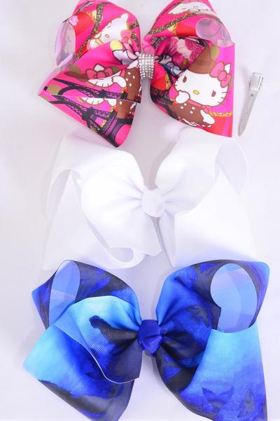 Hair Bow Extra Jumbo Cheer Type Bow Kitty Mermaid Mix Grosgrain Bow-tie / 12 pcs = Dozen Alligator Clip , Size-8"x 7" Wide , 4 Of Each Pattern Asst , Clip Strip & UPC Code