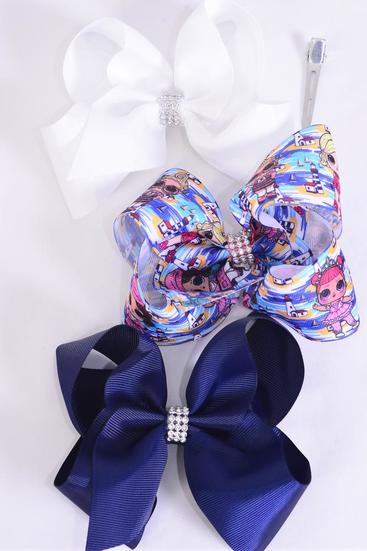 Hair Bow Jumbo Fun Girl Pattern Asst Grosgrain Bow-tie / 12 pcs Bow = Dozen  Alligator Clip , Size - 6" x 5" , 4 Of Each Pattern Asst , Clip Strip & UPC Code