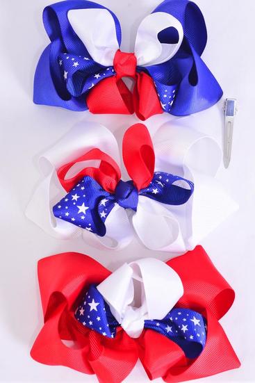 Hair Bow Jumbo Double Layered Patriotic Star Grosgrain Bow-tie / 12 pcs Bow = Dozen Alligator Clip , Bow - 6" x 5" Wide , 4 of each Pattern Asst , Clip Strip & UPC Code