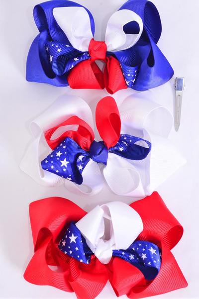 Hair Bow Jumbo Double Layered Patriotic Star Grosgrain Bow-tie / 12 pcs Bow = Dozen Alligator Clip , Bow - 6" x 5" Wide , 4 of each Pattern Asst , Clip Strip & UPC Code