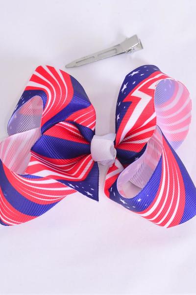 Hair Bow Jumbo Patriotic Celebration Grosgrain Bow-tie / 12 pcs Bow = Dozen  Alligator Clip , Size - 6" x 5" Wide , Clip Strip & UPC Code