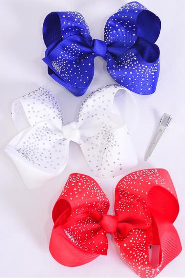 Hair Bow Jumbo 4th of July Patriotic Clear Studded Grosgrain Bow-tie/DZ **Red & White & Royal Blue** Alligator Clip,Size-6"x 5" Wide,4 Red 4 White,4 Royal Blue,3 Color Asst,Clip Strip & UPC Code