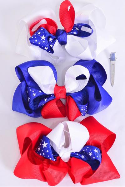 Hair Bow Jumbo Double Layered 4th of July Patriotic-Star Grosgrain Bowtie/DZ Alligator Clip, Bow-6"x 6" Wide, 4 of each Pattern Asst, Clip Strip & UPC Code