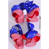 Hair Bow Jumbo 4th of July Patriotic Star Studded Stripe &amp; Stars Grosgrain Bowtie/DZ ** Alligator Clip** Bow-6&quot;x 6&quot;,6 Of each Pattern Asst,Clip Strip &amp; UPC Code