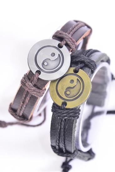 Bracelet Real Leather Band Ying Yang Symbol/DZ **Unisex** Adjustable,6 of each Pattern Mix,Individual Hang tag & OPP Bag & UPC Code