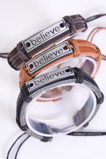 Bracelet Real Leather Band Believe Silver/DZ **Believe** Unisex,Adjustable,4 of each Pattern Mix,Individual Hang tag & OPP Bag & UPC Code