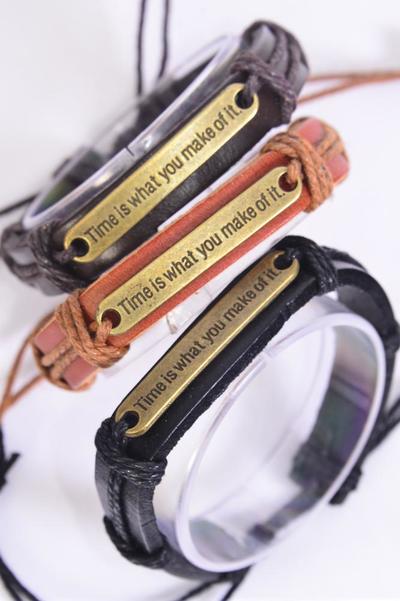 Bracelet Real Leather Band Time is What You Make Of It / 12 pcs = Dozen  Unisex , Adjustable , 4 of each Pattern Mix , Individual Hang tag & OPP Bag & UPC Code