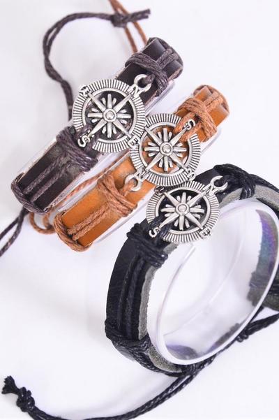 Bracelet Real Leather Band Compass Adjustable / 12 pcs = Dozen Unisex , Adjustable , 4 of each Pattern Mix , Hang tag & OPP Bag & UPC Code