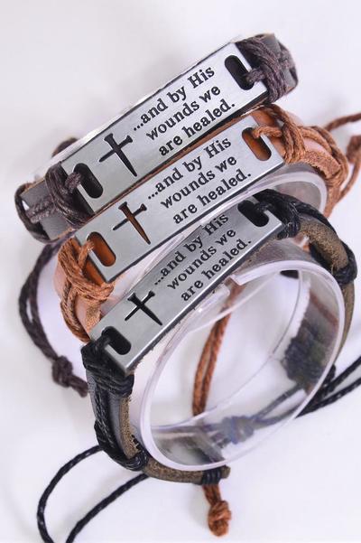 Bracelet Real Leather Band And By This Wounds We Are Healed / 12 pcs = Dozen  Unisex , Adjustable , 4 of each Color Mix , Individual Hang tag & OPP Bag & UPC Code
