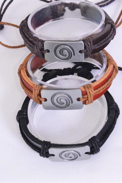 Bracelet Real Leather Band Spiral Symbol / 12 pcs = Dozen  Unisex , Adjustable , 4 of each Pattern Mix , Individual Hang tag & OPP Bag & UPC Code