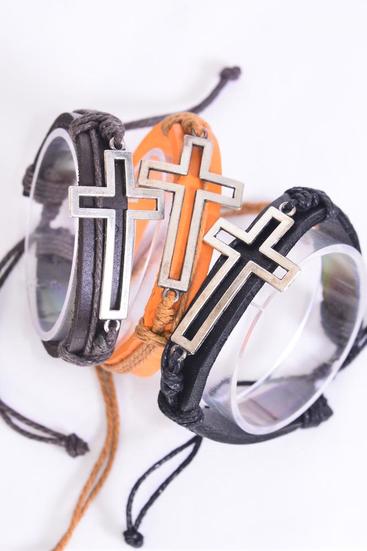 Bracelet Real Leather Band Sideways Open Cross / 12 pcs = Dozen  Unisex , Adjustable , 4 of each Pattern Mix , Individual Hang tag & OPP Bag & UPC Code