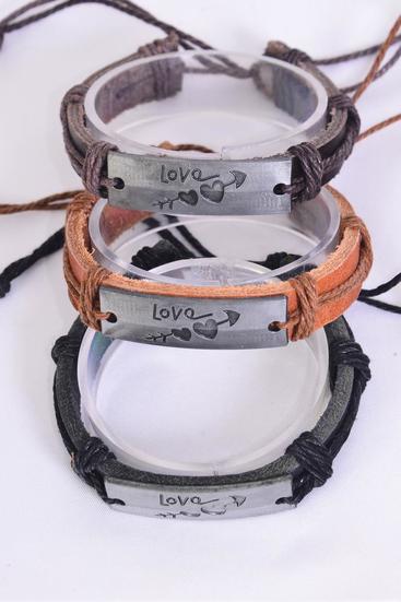 Bracelet Real Leather Band Love Arrow Hearts/DZ **Unisex** Adjustable,4 of each Color Mix,Individual Hang tag & OPP Bag & UPC Code