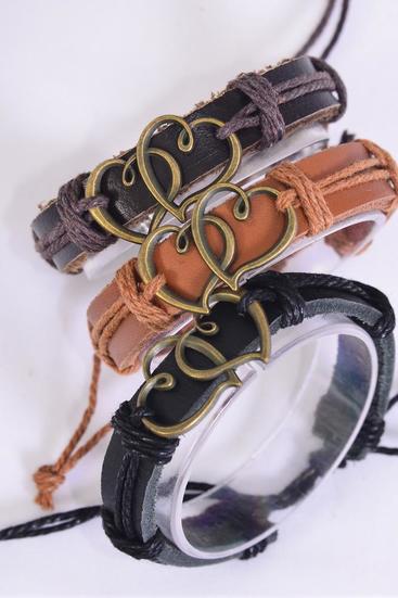 Bracelet Real Leather Band Double Hearts Gold/DZ **Unisex** Adjustable,4 of each Pattern Mix,Individual Hang tag & OPP Bag & UPC Code