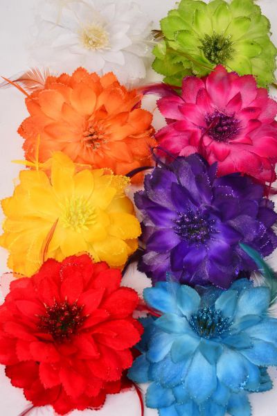 Flower Jaw Clip Bouquet Glitter Trim Multi / 12 pcs Jaw Clip Flower = Dozen Flower Size - 5.5" Wide , 2 Fuchsia , 2 Yellow , 2 Purple , 2 Blue , 2 White , 1 Orange , 1 Lime Color Asst , Hang Tag & UPC Code ,W Clear Box