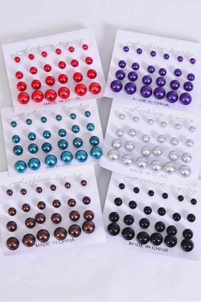 Earrings 12 pair ABS Pearls Dark Multi / 12 card = Dozen Size - 6, 8 , 10 , 12 mm Mix , 2 of each Color Asst , Earring card & Opp Bag & UPC Code . 12 pair per Card ,12 Card = Dozen