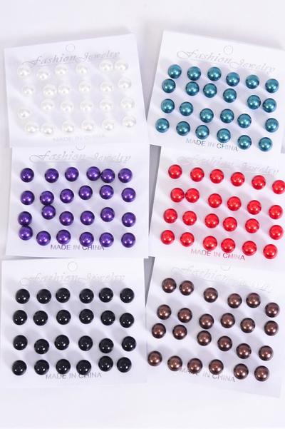 Earrings 12 pair ABS Pearls 10 mm  Dark Multi / 12 card = Dozen Size - 10 mm , 2 of each Pattern Asst , 12 pair per Card , 12 Card = Dozen , Earring card & Opp Bag & UPC Code