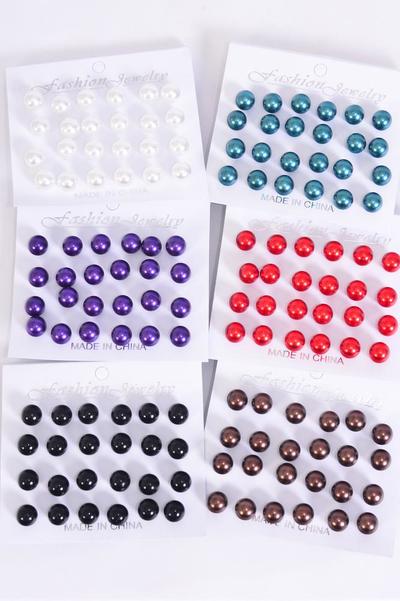 Earrings 12 pair ABS Pearls 10 mm  Dark Multi / 12 card = Dozen Size-10 mm , 2 of each Pattern Asst , 12 pair per Card , 12 Card = Dozen , Earring card & Opp Bag & UPC Code