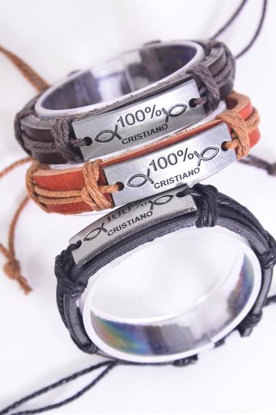 Bracelet Real Leather Band 100% Cristiano Silver / 12 pcs  = Dozen  Unisex , Adjustable , 4 of each Color Mix , Individual Hang tag & OPP Bag & UPC Code