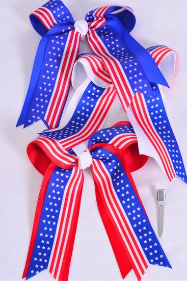 Hair Bow Jumbo Long Tail Double Layered 4th of July Patriotic-Flag Grograin Bowtie/DZ **Alligator Clip** Size-6.5"x 6" Wide,4 of Pattern Asst,Clip Strip & UPC Code