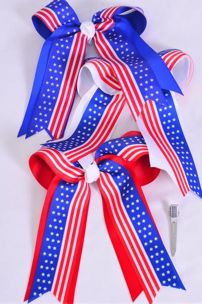 Hair Bow Jumbo Long Tail Double Layered Patriotic Flag Grograin Bow-tie / 12 pcs = Dozen Alligator Clip , Size - 6.5" x 6" Wide , 4 of Pattern Asst , Clip Strip & UPC Code