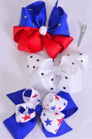 Hair Bow Jumbo Patriotic Stars Stripes Mix Grosgrain Bow-tie / 12 pcs Bow = Dozen Alligator Clip , Bow - 6" x 5" Wide , 4 Of Each Pattern Asst , Clip Strip & UPC Code