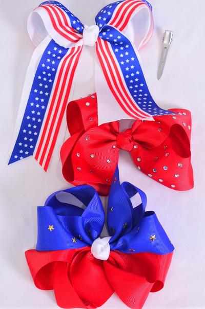 Hair Bow Jumbo 4th of July Patriotic Stars & Stripes Mix Grosgrain Bowtie/DZ ** Alligator Clip** Bow-6"x 6" Wide,4 Of Each Pattern Asst,Clip Strip & UPC Code