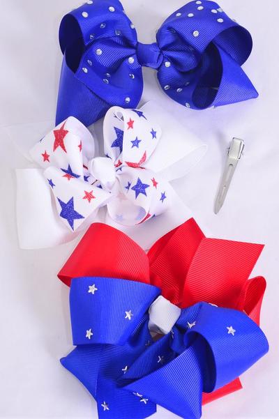 Hair Bow Jumbo 4th of July Patriotic Stars & Stripes Mix Grosgrain Bowtie/DZ Alligator Clip, Bow-6"x 6" Wide, 4 Of Each Pattern Asst, Clip Strip & UPC Code