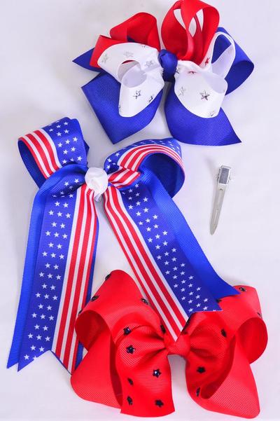 Hair Bow Jumbo 4th of July Patriotic Stars & Stripes Mix Grosgrain Bow-tie / 12 pcs Bow = Dozen Alligator Clip , Bow-6"x 6" Wide , 4 Of Each Pattern Asst , Clip Strip & UPC Code