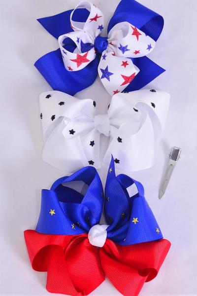 Hair Bow Jumbo 4th of July Patriotic Stars & Stripes Mix Grosgrain Bow-tie / 12 pcs Bow = Dozen Alligator Clip , Bow-6"x 6" Wide , 4 Of Each Pattern Asst , Clip Strip & UPC Code