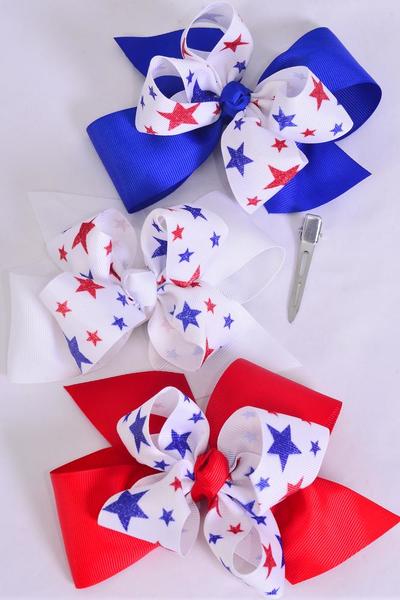 Hair Bow Jumbo Double Layered 4th of July Patriotic-Stars Grosgrain Bow-tie/DZ Alligator Clip, Size-6"x 5" Wide, 4 of each Pattern Asst, Clip Strip & UPC Code