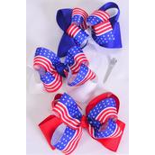 Hair Bow Jumbo Double Layered 4th of July Patriotic-Flag Grosgrain Bowtie/DZ Alligator Clip, Bow-6&quot;x 6&quot; Wide, 4 of Each Pattern Asst, Clip Strip &amp; UPC Code