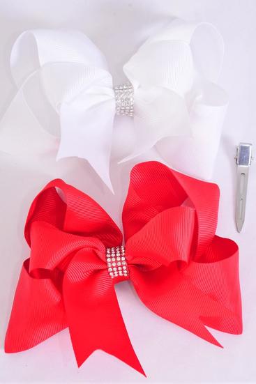 Hair Bow Jumbo Double Layered Center Clear Stones Grosgrain Bow-tie Red & White/DZ Red & White, Alligator Clip, Size-6"x 6" Wide, 6 of each Pattern Asst, Clip Strip & UPC Code