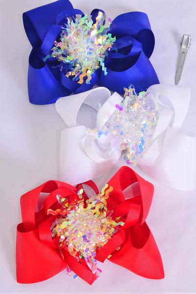 Hair Bow Jumbo 4th of July Patriotic Iridescent Grosgrain Bow-tie / 12 pcs Bow = Dozen Alligator Clip , Bow-6"x 6" Wide , 4 Of each Pattern Asst , Clip Strip & UPC Code
