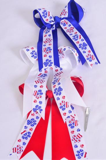 Hair Bow Jumbo Long Tail Jumbo Double Layered 4th of July Patriotic Paw Grograin Bowtie/DZ ** Alligator Clip** Bow-6.5"x 6" Wide,4 Of Each Pattern Mix,Clip Strip & UPC Code