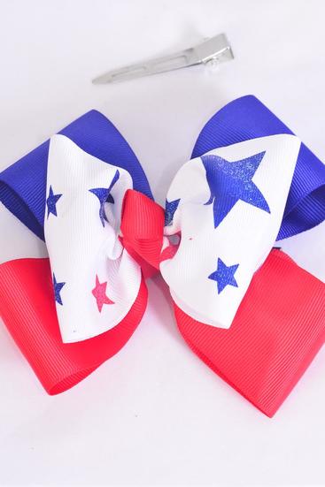 Hair Bow Jumbo Double Layered Patriotic Glitter Stars Grosgrain Bow-tie / 12 pcs Bow = Dozen Alligator Clip , Size - 6" x 5" Wide , Clip Strip & UPC Code